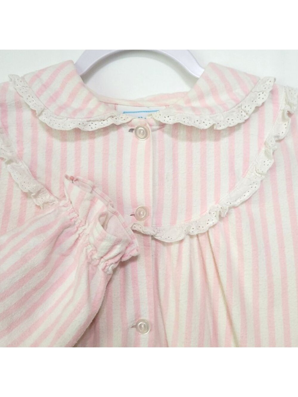 Vtg National Flanel Nightgown Pink White Striped Cotton Lace Trim Button Front